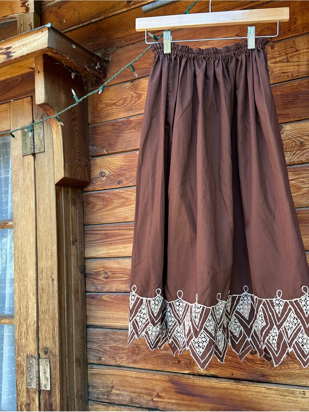 Brown Midi Skirt with White Embroidered Hem